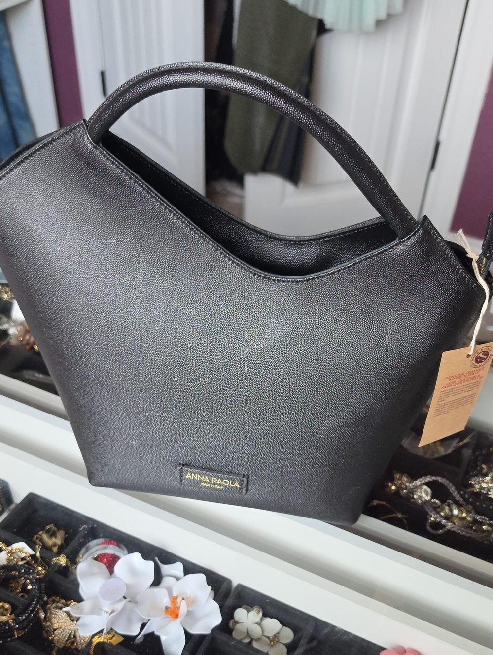 Anna Paola Black Structured Leather Handle Tote